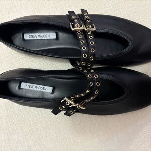 Steve Madden Black Flats with Gold Buckles